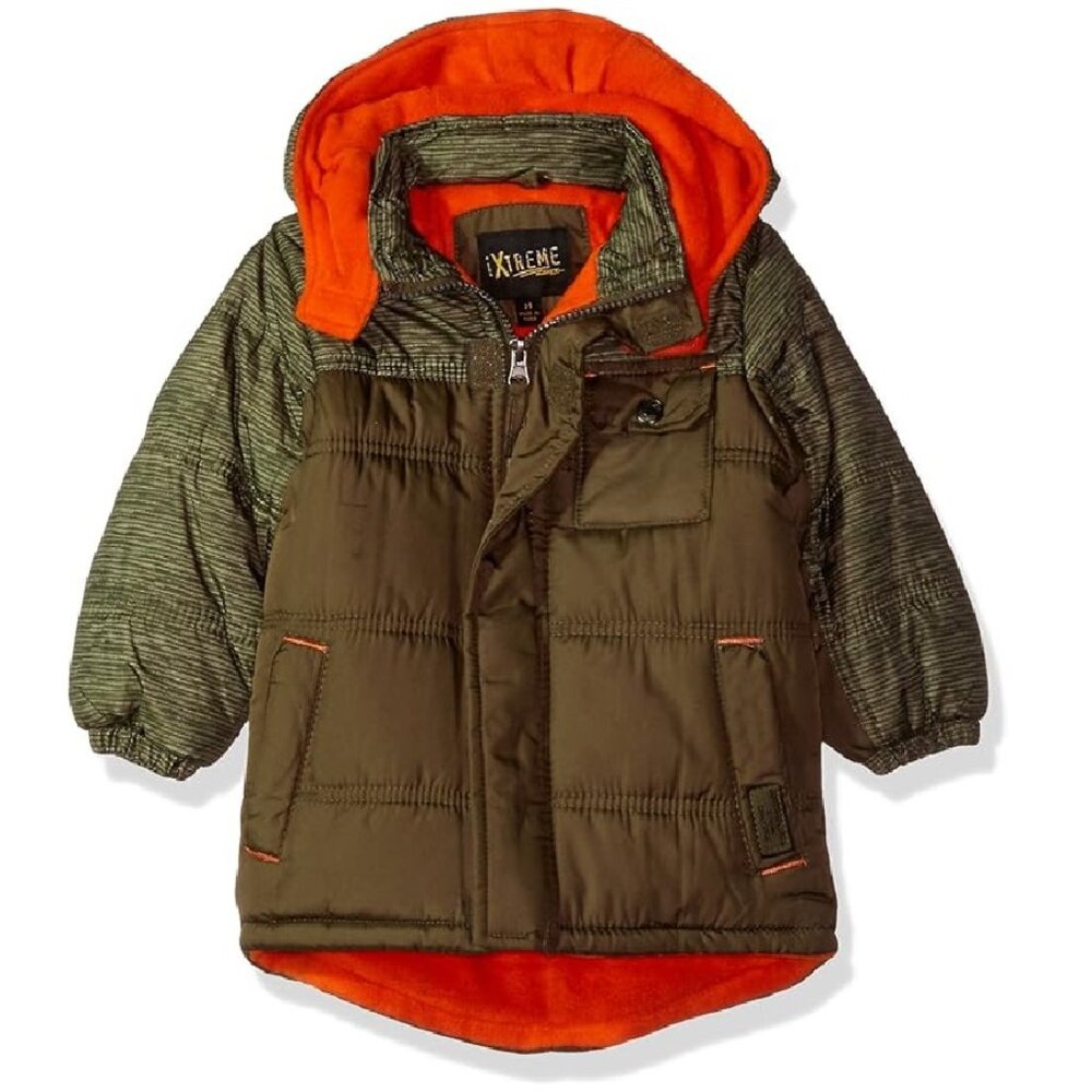 Big Boys Puffer Fleece Jacket Coat Colorblock Space Dye Print Olive Orange Sz 18